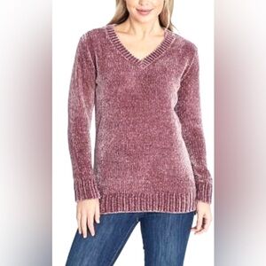 ✨ Orvis Chenille V-Neck Sweater Mauve Pink Plush Soft Cozy‎ Cottagecore Medium